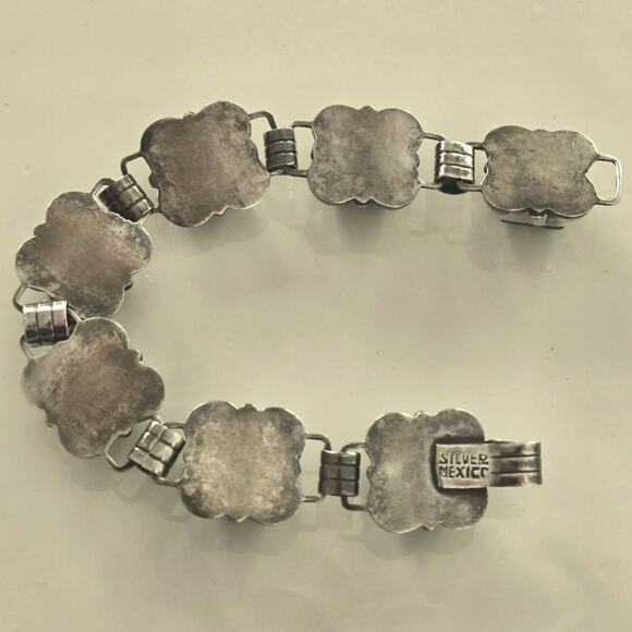 Vintage Pre-1950's Mexico Sterling & Carved Green Stone Link Bracelet - Picture 4 of 9